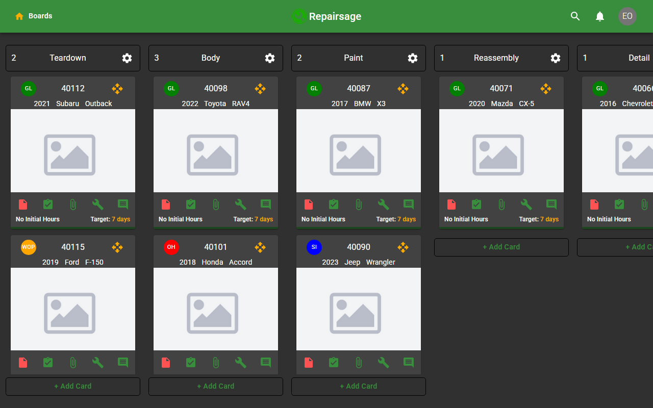 A Repairsage board: columns for each stage of repair, with a card for each vehicle