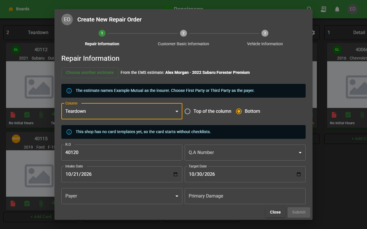 Creating a card in Repairsage from an estimate in the EMS inbox